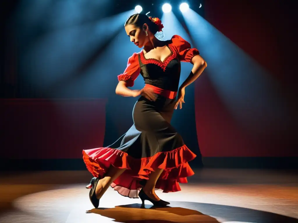 Una bailaora de flamenco apasionada realiza el zapateado con precisión y fuerza, fusionando tradición e innovación en la evolución del zapateado en la danza flamenca