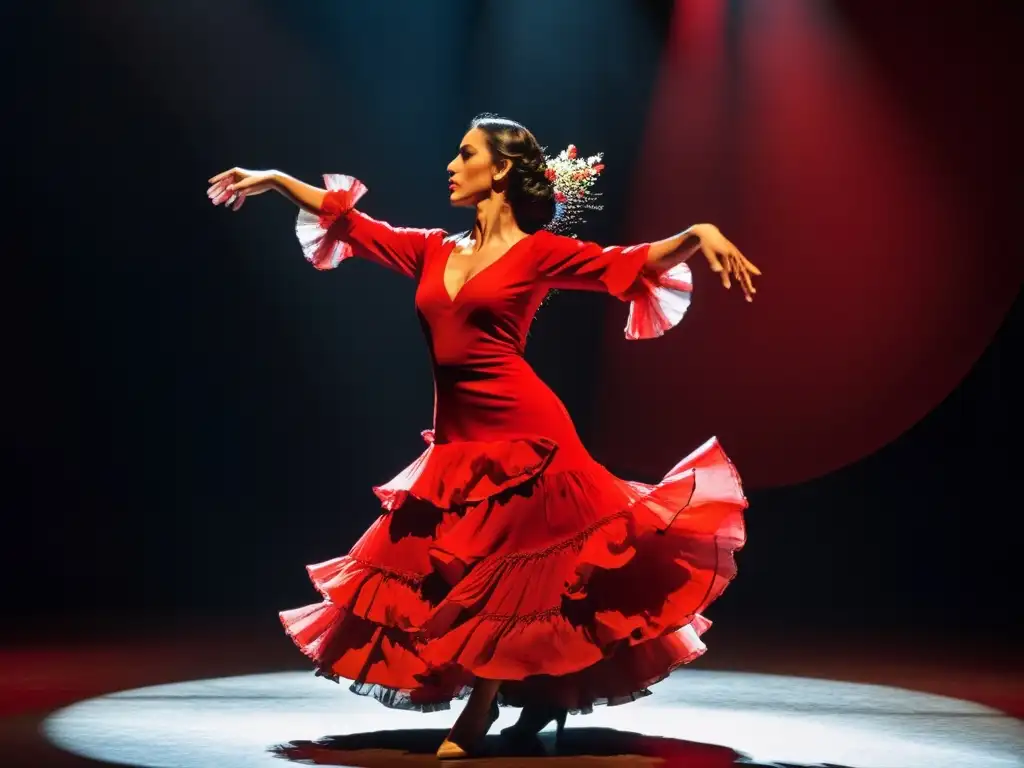 Una bailaora de flamenco en pose dramática, vestida de rojo, con expresión intensa