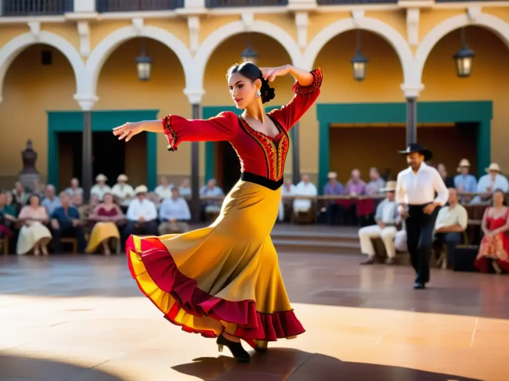 Una bailaora de flamenco en traje ornamental, girando en una plaza histórica llena de espectadores