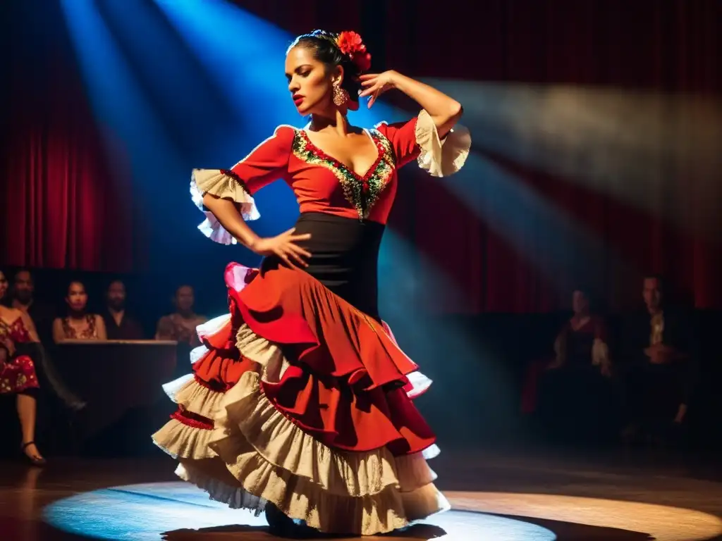 Una bailaora de flamenco con un vestido colorido bailando con pasión en un escenario iluminado desde Andalucía