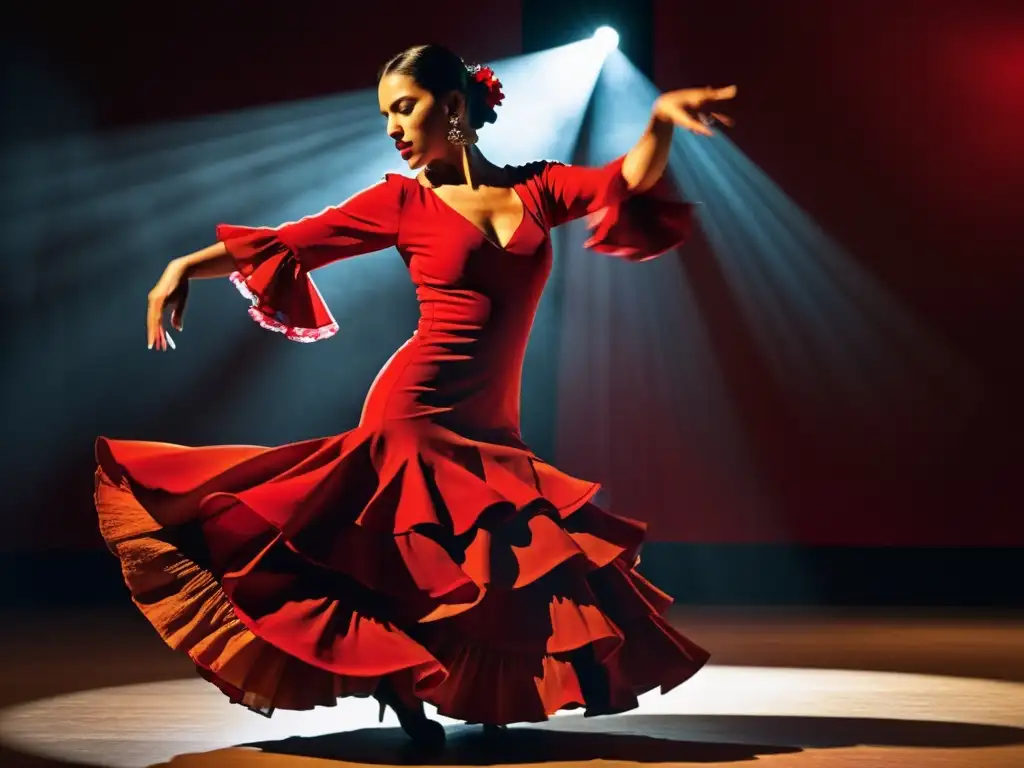 Una bailaora de flamenco con un vestido rojo vibrante da un poderoso paso