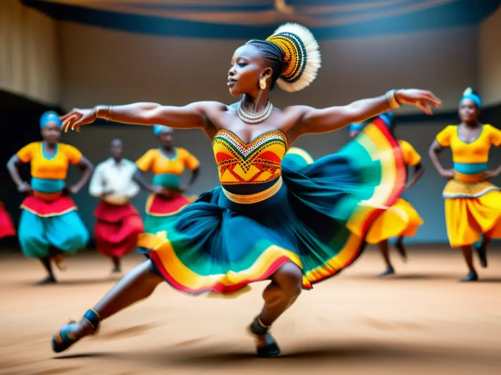 Un bailarín africano en pleno salto, con movimientos ágiles y una vestimenta vibrante, mejora la agilidad en danzas tradicionales