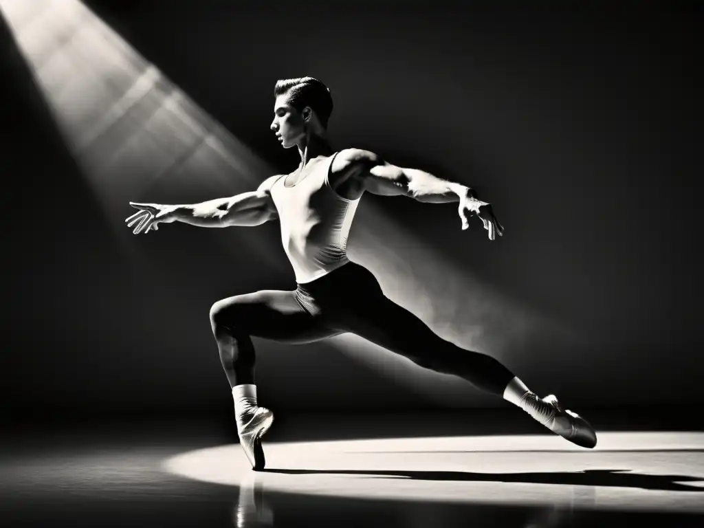 Un bailarín de ballet masculino en un salto poderoso y elegante