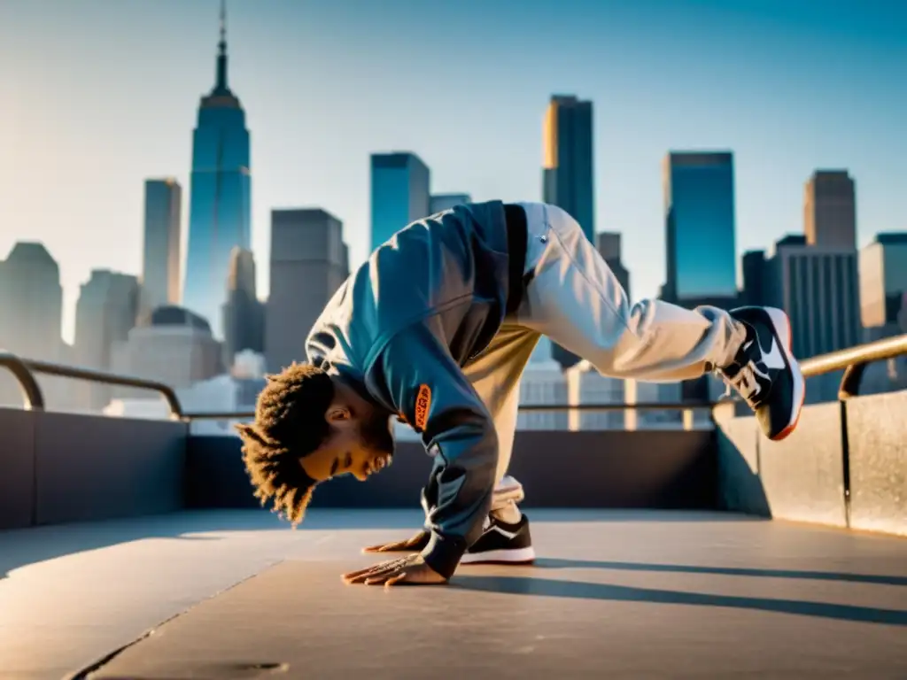 Un bailarín de breakdance practica movimientos intrincados en una calle urbana, con la ciudad de fondo