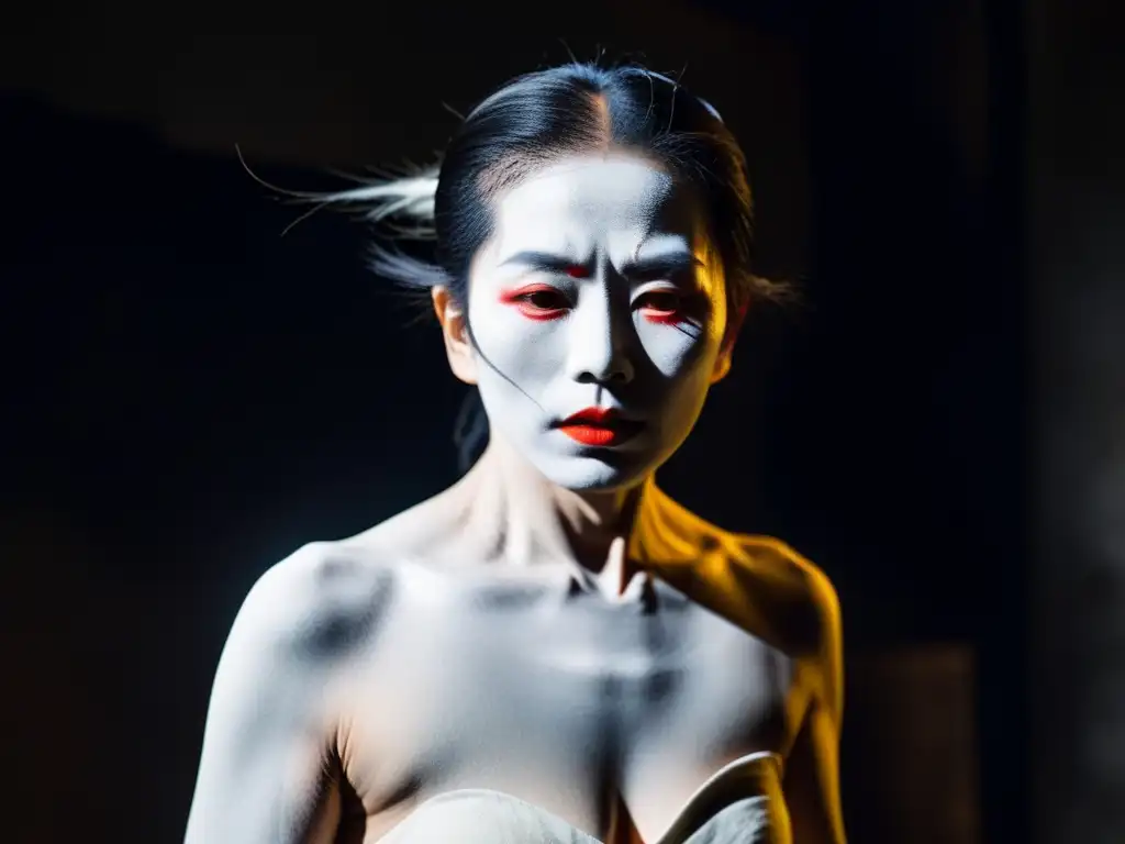 Un bailarín de danza Butoh llevando maquillaje blanco y un traje tattered, en un escenario oscuro con una iluminación dramática