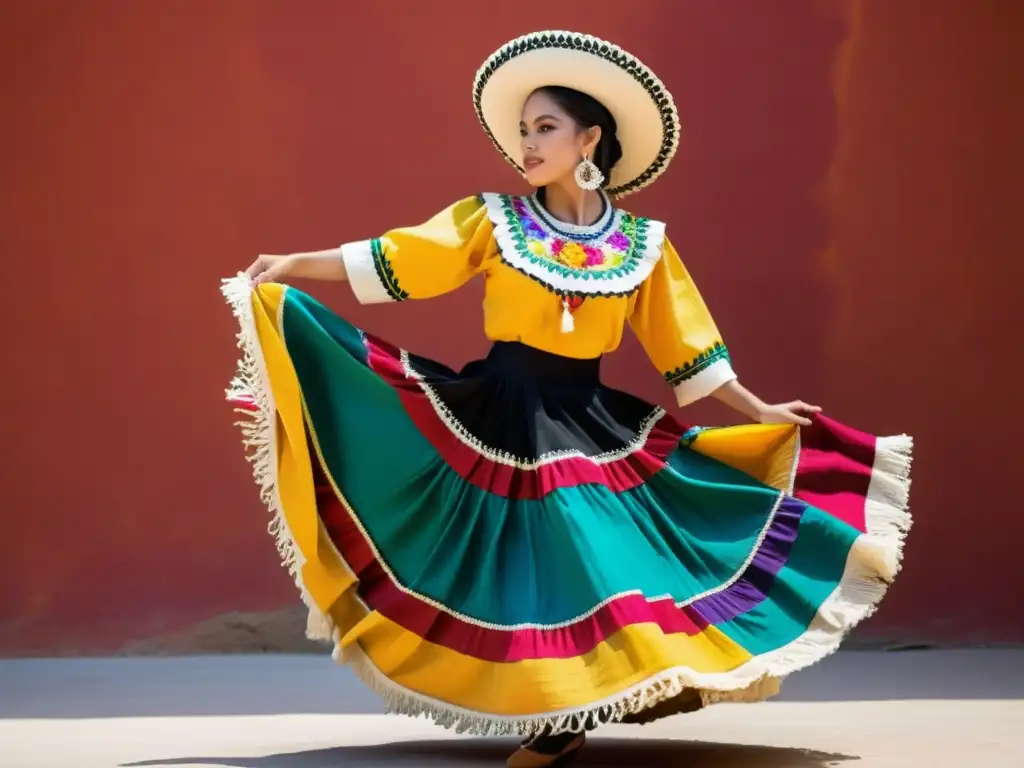 Un bailarín de danza tradicional mexicana lleva un traje ecológico vibrante, en un festival cultural lleno de energía y consciencia ambiental