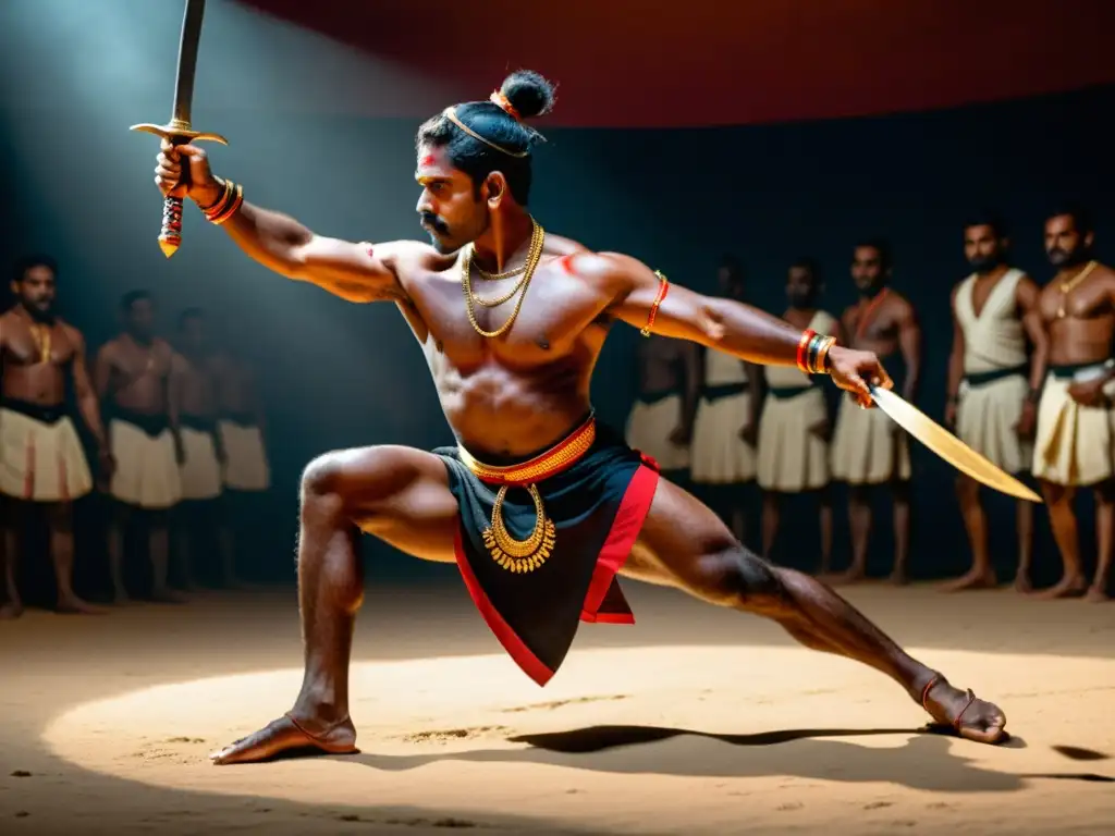 Un bailarín de Kalaripayattu muestra destreza con movimientos dinámicos y precisos, rodeado de armas tradicionales de la danza