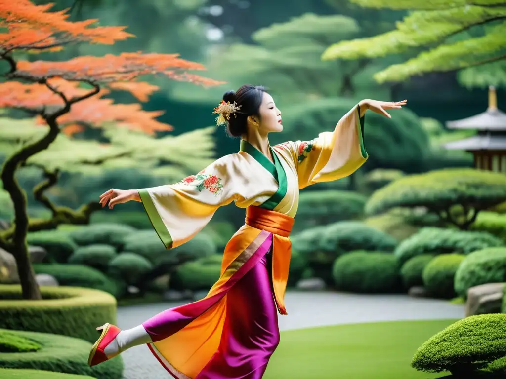 Un bailarín elegante de Bugaku japonés danza tradicional, vistiendo sedas vibrantes, ejecuta un movimiento preciso en un sereno jardín japonés