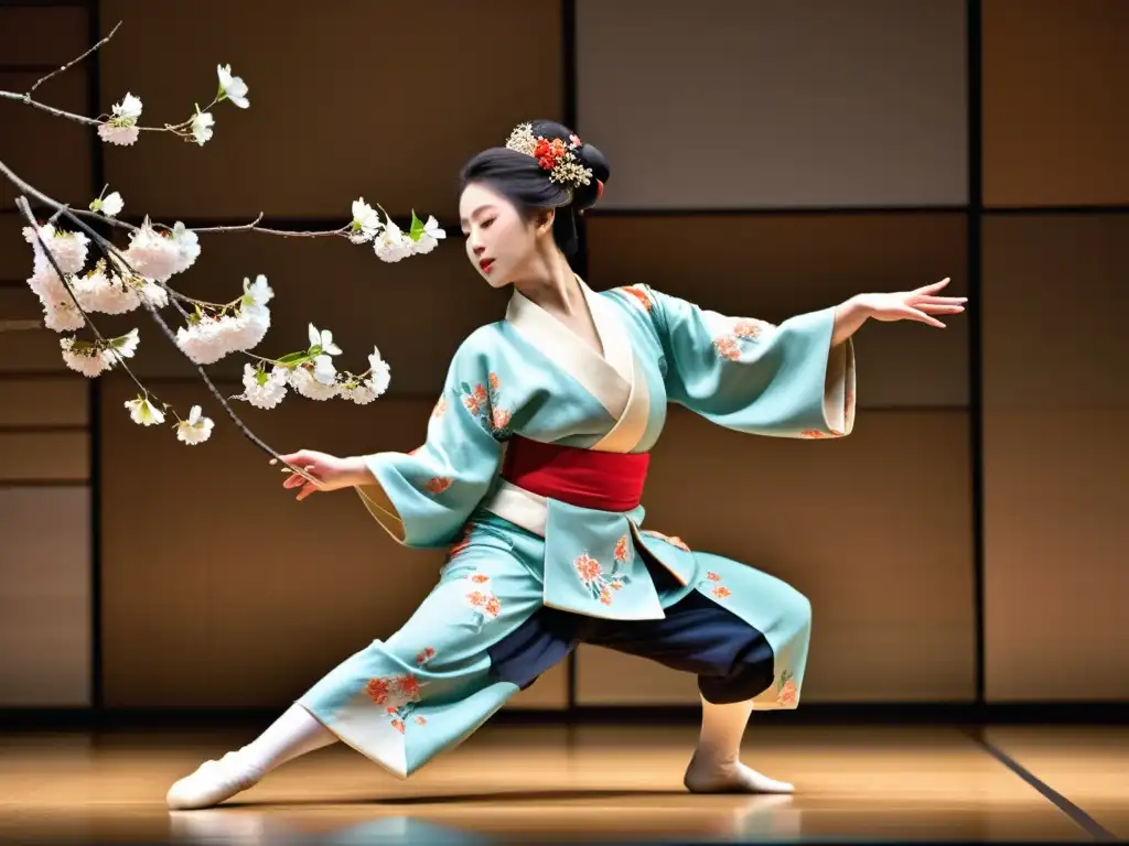 Un bailarín de Nihon Buyo se mueve grácilmente en un escenario, vistiendo un kimono vibrante con patrones florales