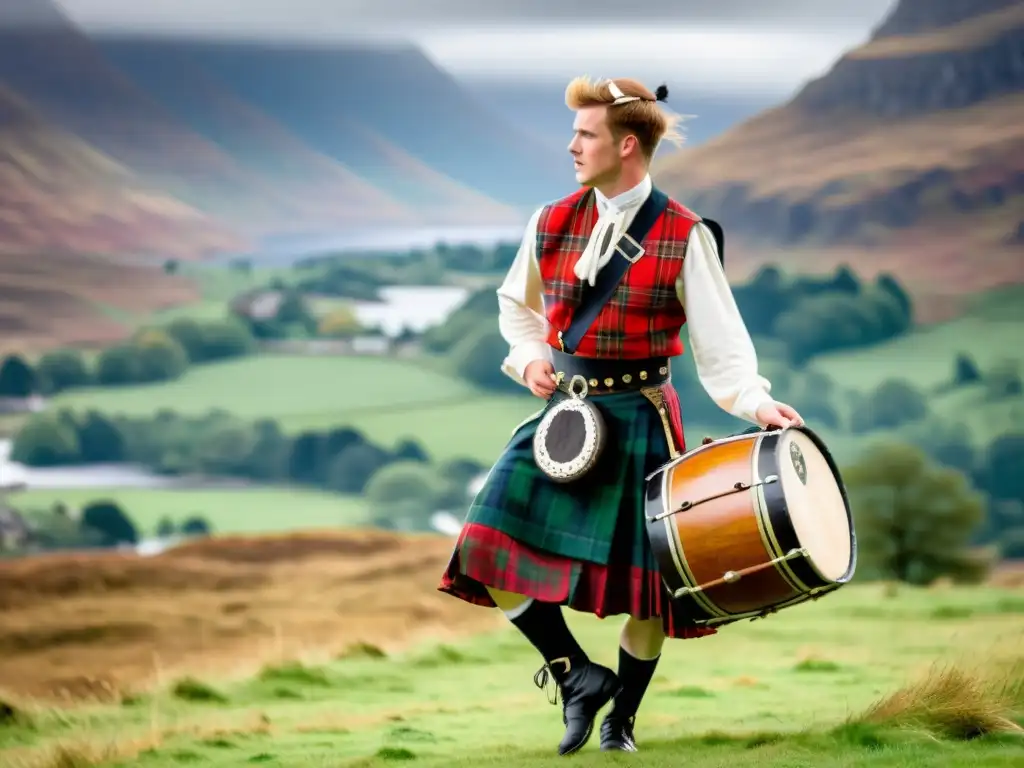 Baile tradicional en las Highlands: Vibrante detalle en 8k Un bailarín escocés de las Tierras Altas ejecuta un energético Highland Dance al ritmo del Tambor Mayor Escocia, rodeado de un paisaje pintoresco