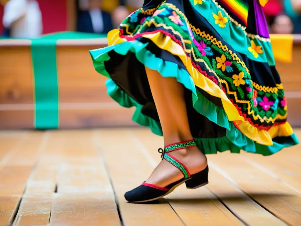 Un bailarín experto realiza un zapateado mexicano, con movimientos rápidos y colorido atuendo