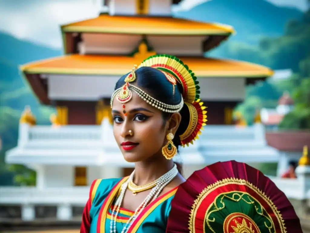 Un bailarín Kandyan deslumbrante en el Festival de Danza Kandy Sri Lanka, con traje tradicional y movimientos elegantes en el Templo del Diente