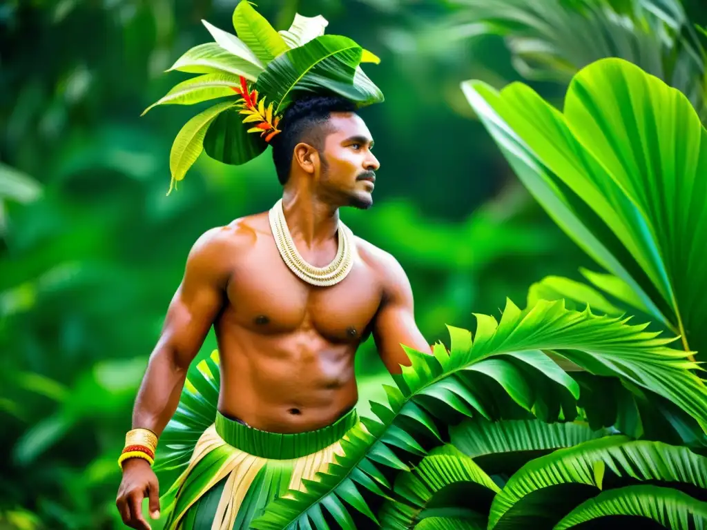 Un bailarín fijiano ejecuta la Danza de la serpiente en Fiji, rodeado de exuberante follaje tropical, con movimientos fluidos y fascinantes