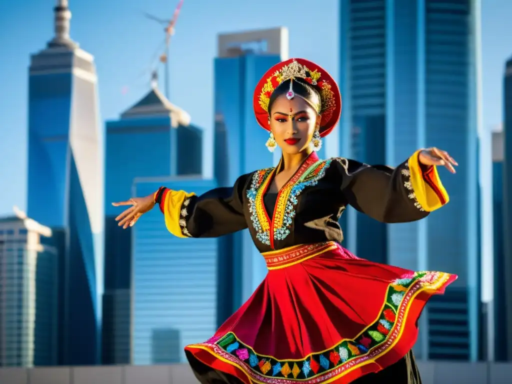 Un bailarín folclórico con traje vibrante y detallado, girando en contraste con la arquitectura moderna