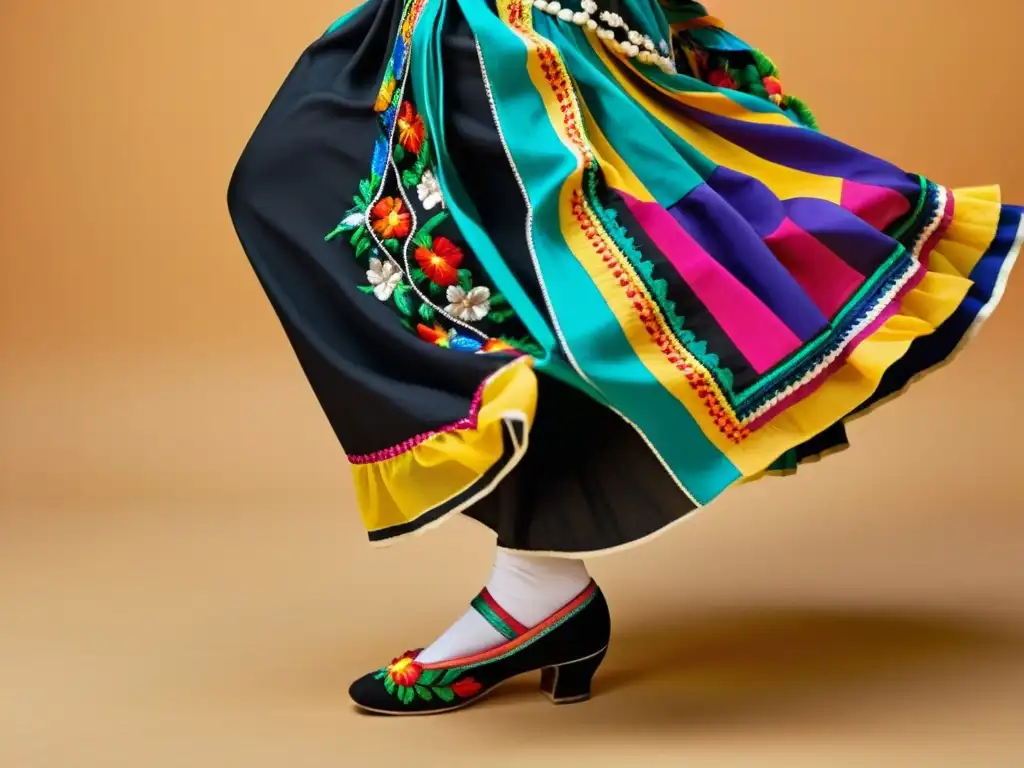 Un bailarín folklórico mexicano muestra pasos tradicionales con un traje vibrante y detallado