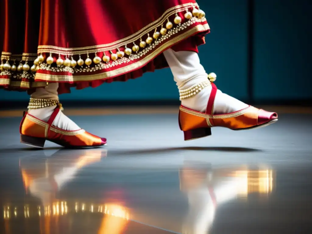 Un bailarín de Kathak con ghungroos realizando movimientos precisos en un piso digital, mostrando la fusión de lo tradicional con lo moderno