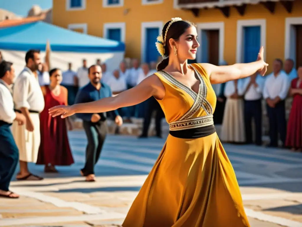 Un bailarín griego ejecuta el Sirtaki en un pueblo animado