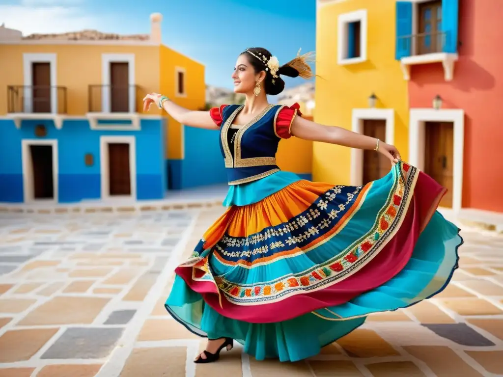 Un bailarín griego con traje vibrante danza Sirtaki en la plaza del pueblo