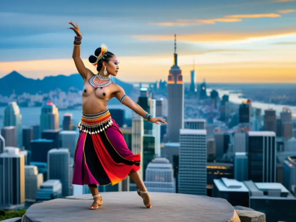 Un bailarín indígena ejecuta una danza sagrada en contraste con la ciudad moderna, fusionando tradición y evolución urbana