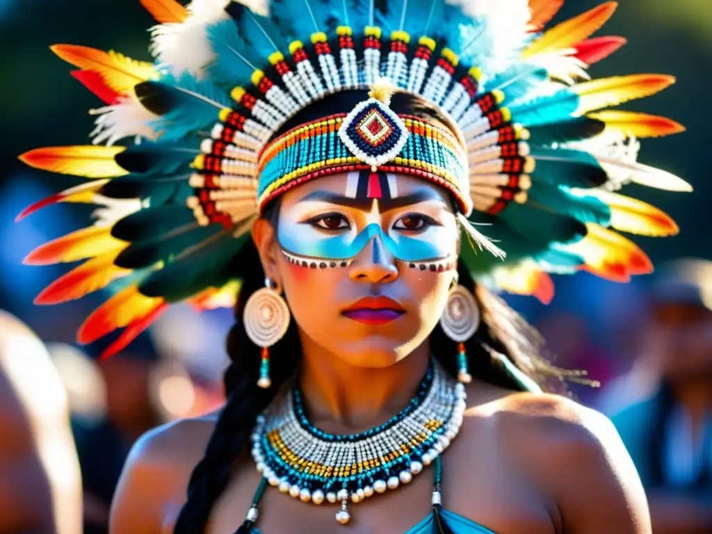 Un bailarín indígena con tocado de plumas y detalles intrincados, realizando una danza ceremonial