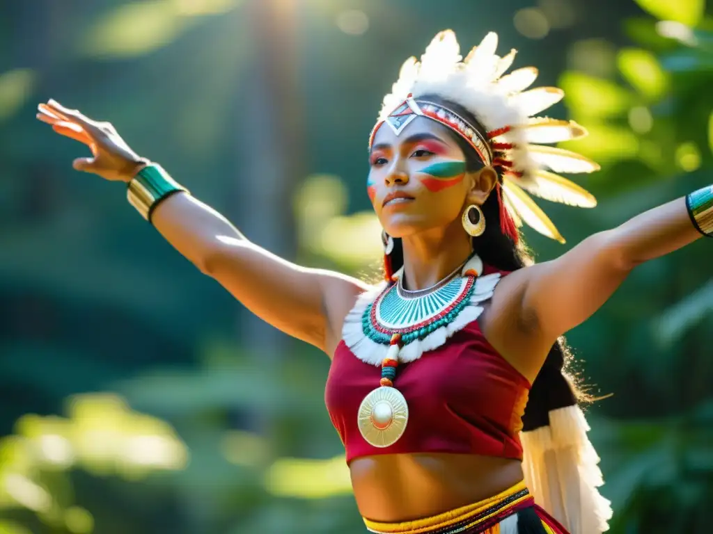 Un bailarín indígena, vestido con atuendo tradicional, realiza una danza sagrada en un claro soleado rodeado de exuberante vegetación