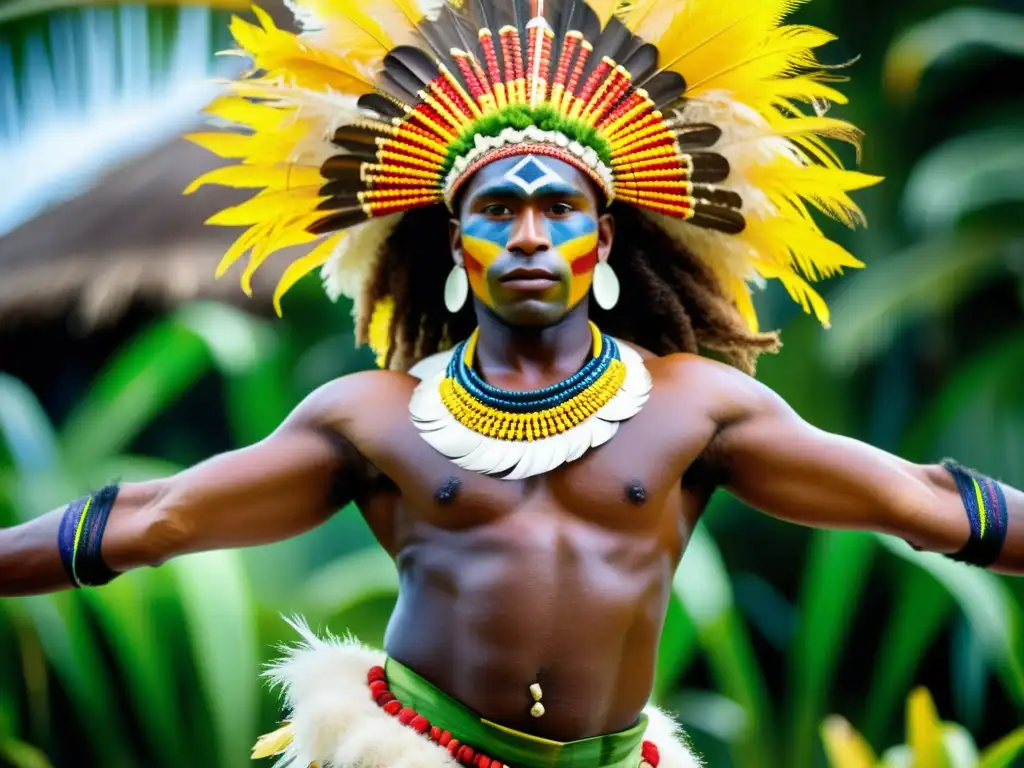 Un bailarín de las Islas Salomón con vestimenta tradicional danza entre la exuberante vegetación tropical de la aldea