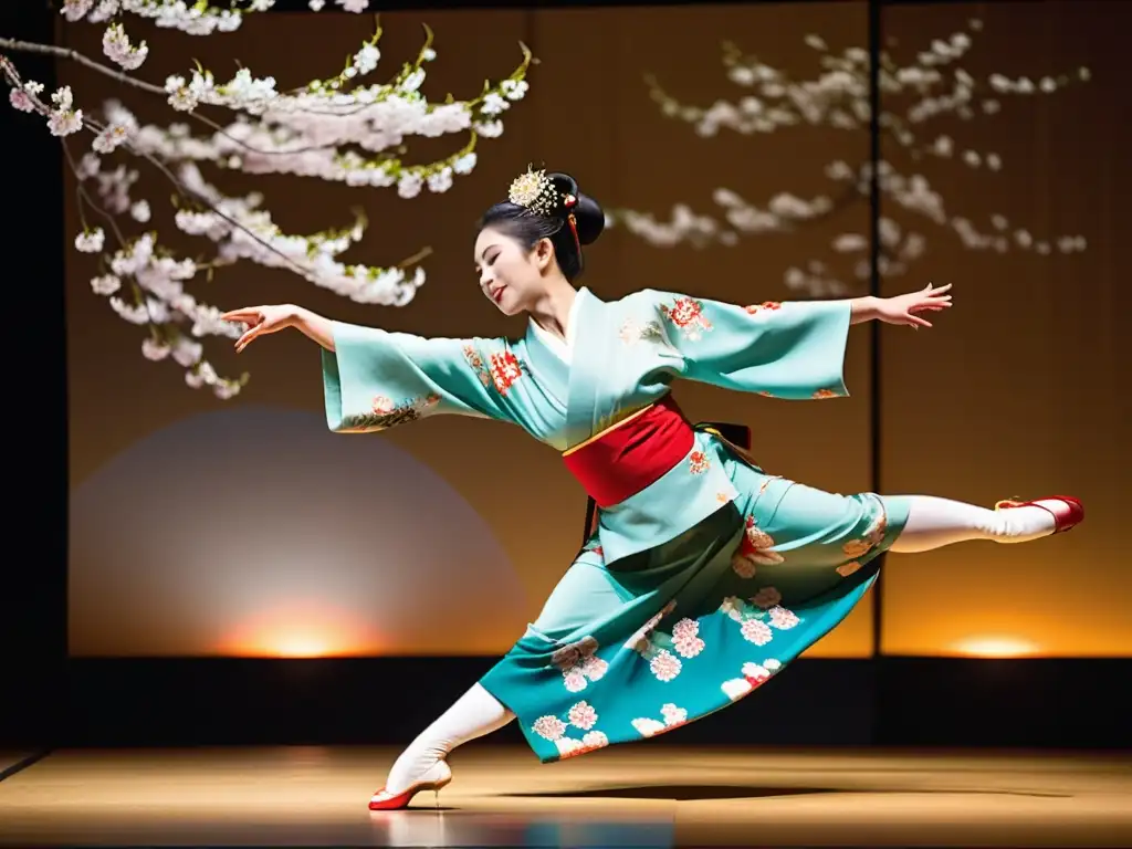 Un bailarín de Nihon Buyo japonés, vestido con un kimono vibrante, realiza una elegante y dinámica danza en un escenario decorado con cerezos