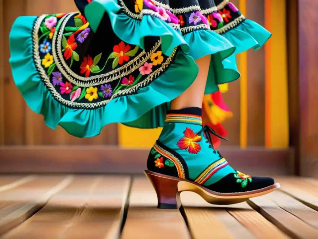 Un bailarín de Son Jarocho con traje colorido y técnica de baile son jarocho, capturando la energía y la tradición cultural