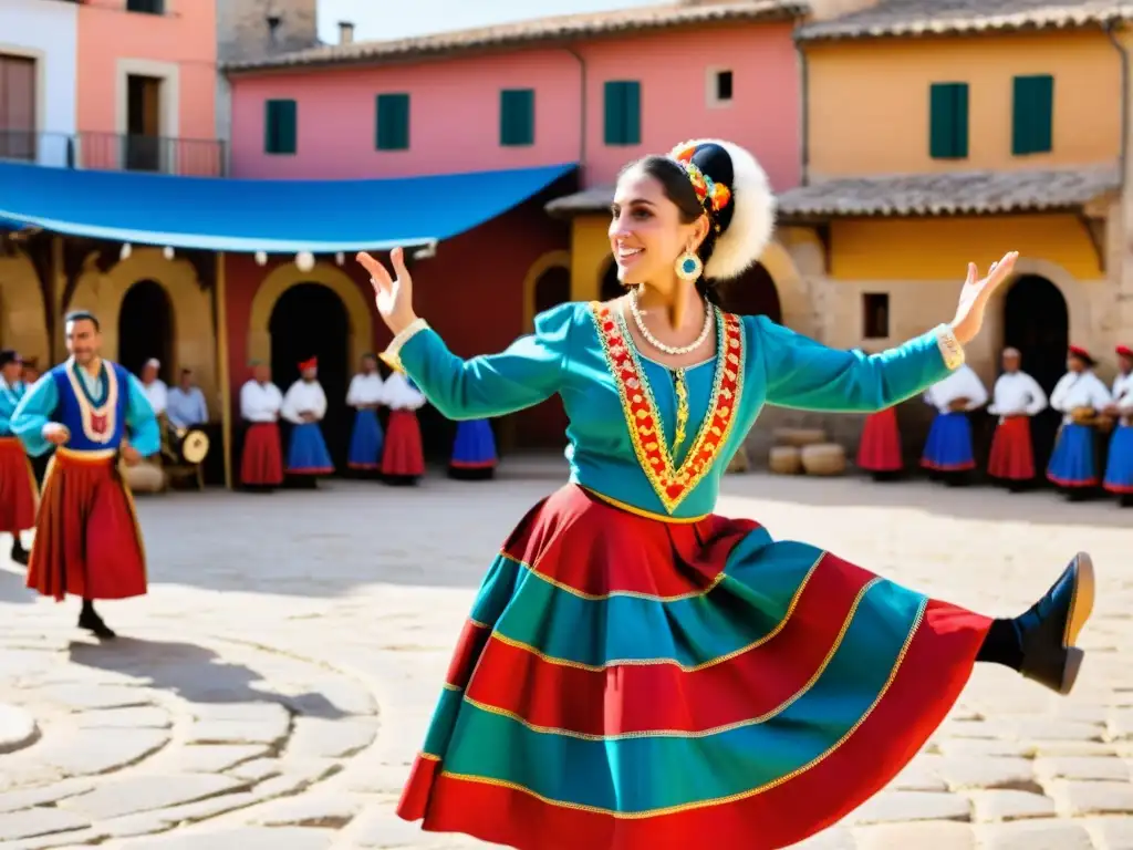 Un bailarín de jota aragonesa con traje colorido, rodeado de músicos y espectadores en una plaza, capturando el significado cultural de la Jota