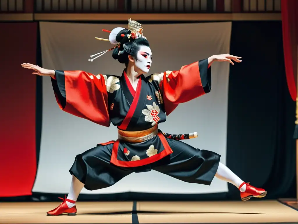 Un bailarín de Kabuki con traje tradicional, maquillaje blanco intrincado y expresión dramática, ejecutando la danza japonesa Kabuki técnica distintiva