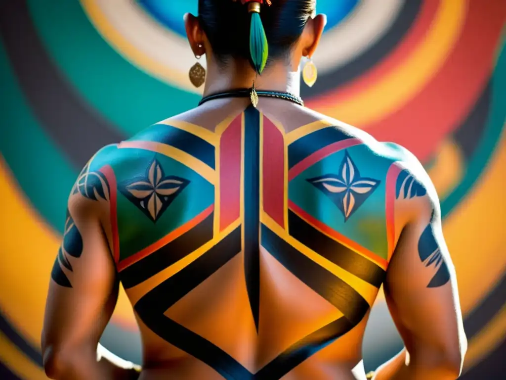 Un bailarín latinoamericano con pinturas corporales y tatuajes, muestra fuerza y tradición en su danza