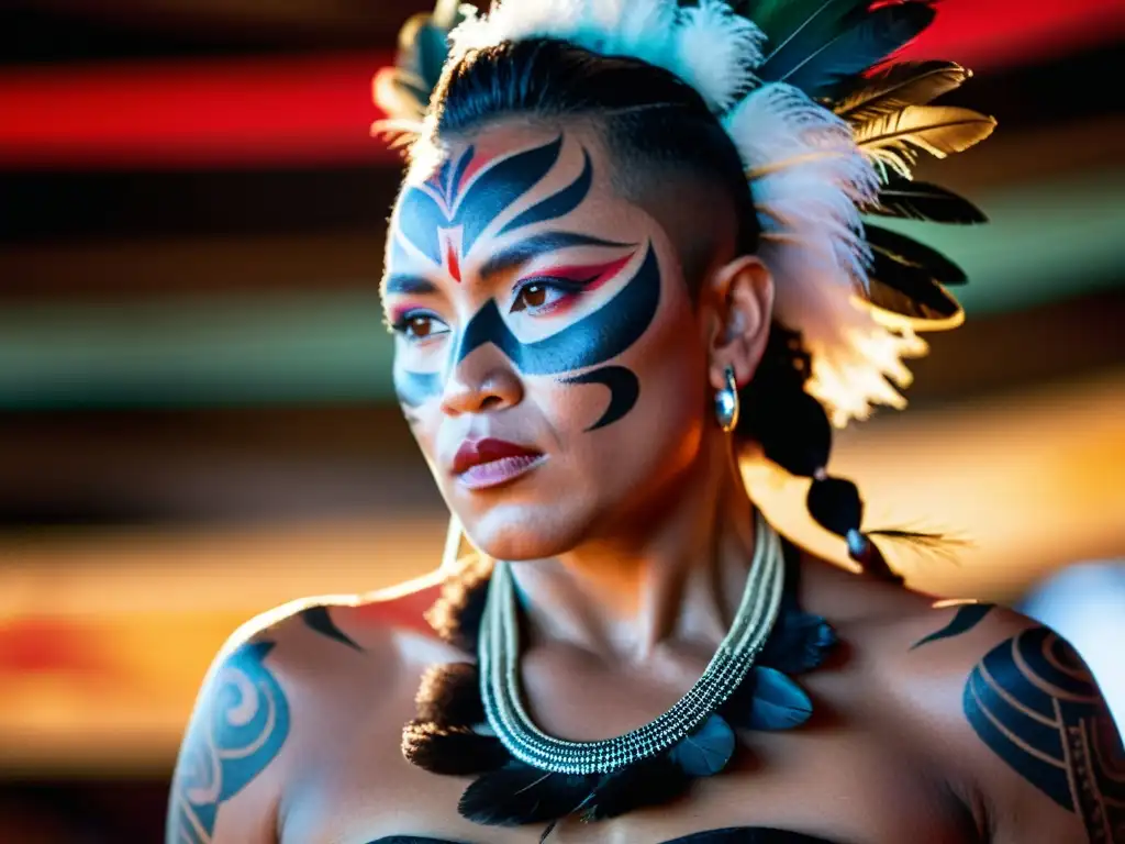 Maorí en Danza: Energía Cultural en Acción Un bailarín Maorí ejecuta una danza tradicional con fuerza y concentración, destacando sus tatuajes y plumas