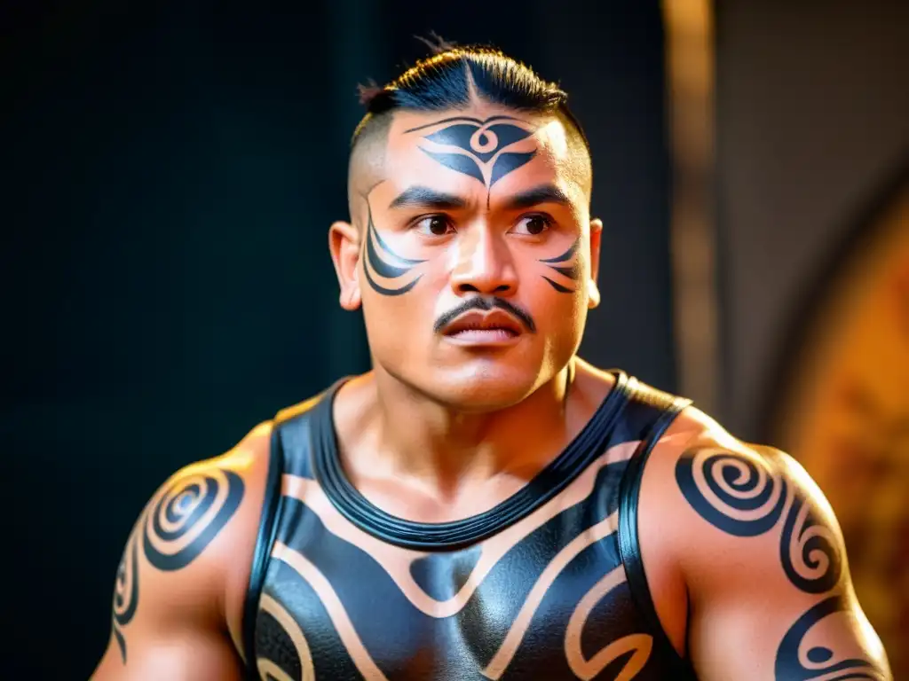 Haka Maorí: Intensidad Cultural en Imagen Un bailarín maorí realiza el haka, una danza intensa y poderosa