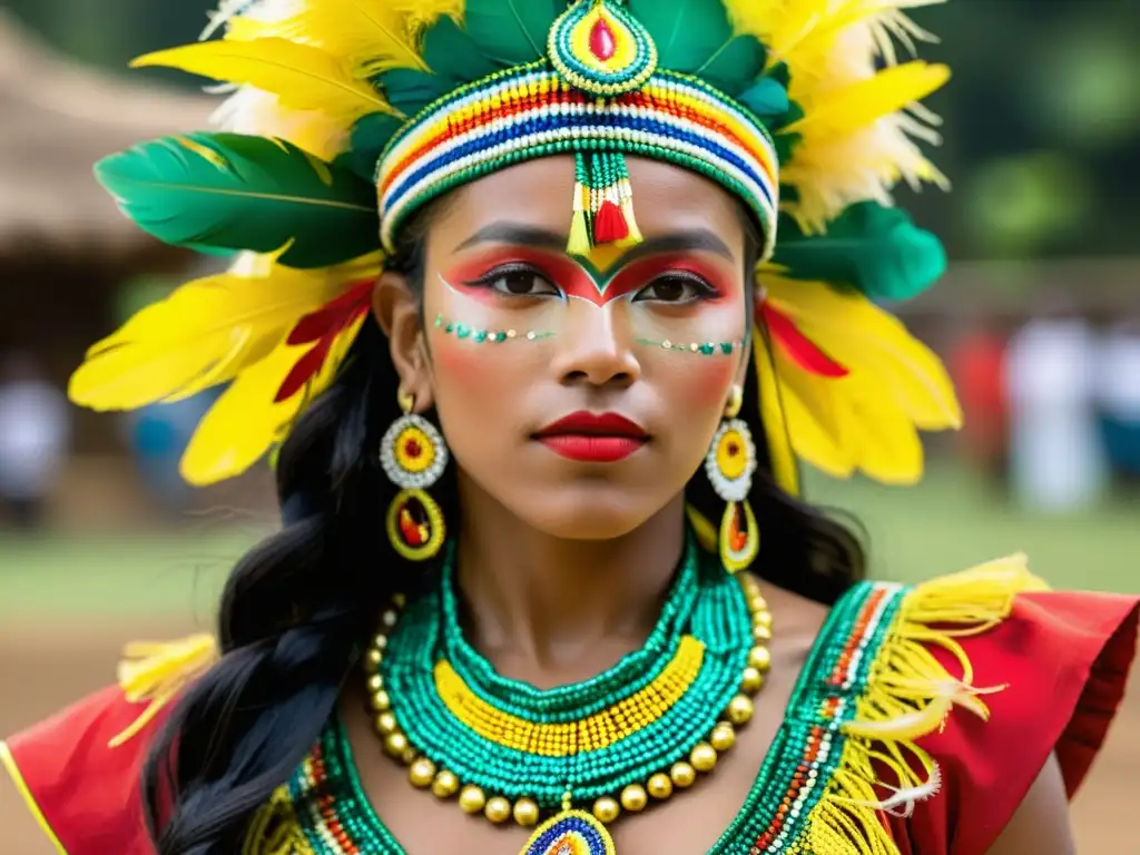 Un bailarín de Mapalé en Colombia luce un vibrante vestuario tradicional adornado con detalles intrincados y plumas coloridas