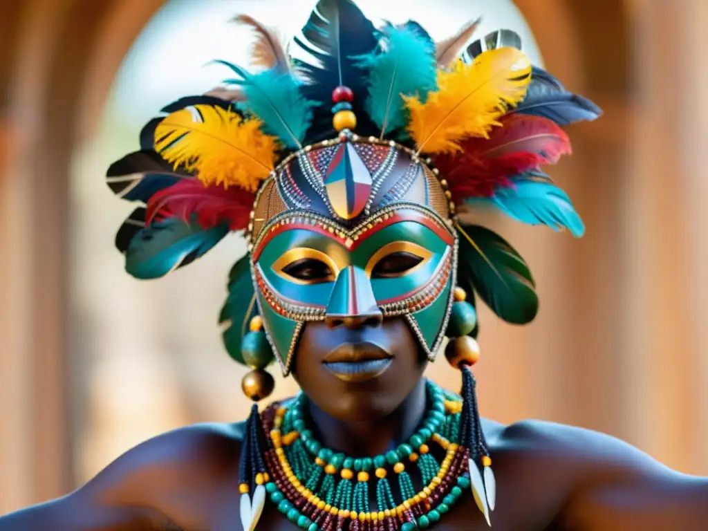 Un bailarín sostiene una máscara africana tallada con orgullo, representando el significado cultural de las máscaras africanas en la danza