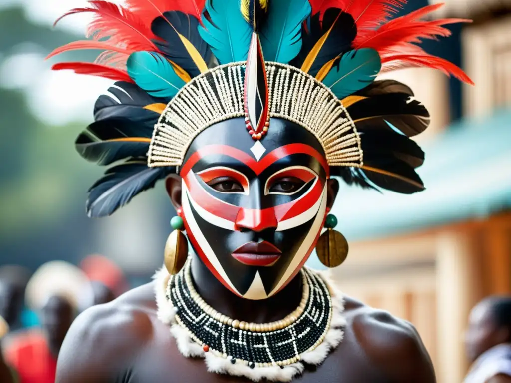 Un bailarín con máscara de madera tallada y atuendo colorido realiza danza ceremonial africana