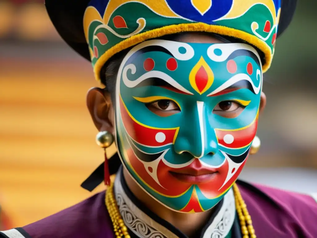 Un bailarín de máscaras de Bután con traje vibrante y expresión intensa, danza frente a un templo ornamentado