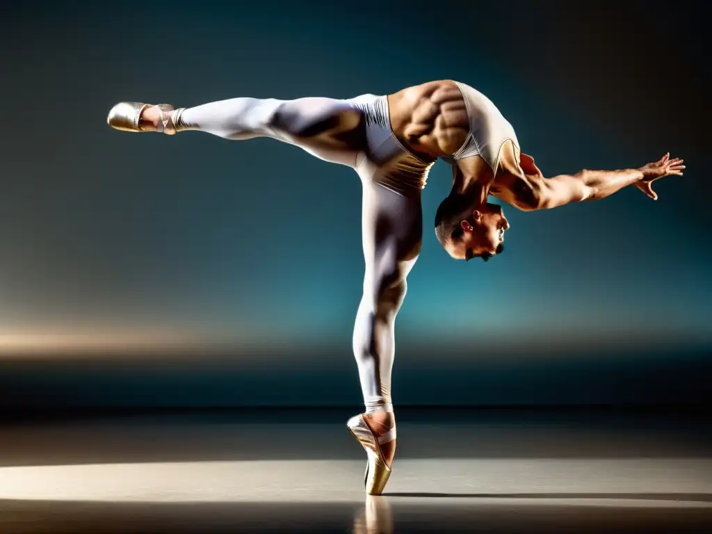 Un bailarín masculino ejecuta un salto perfecto, mostrando fuerza, flexibilidad y determinación