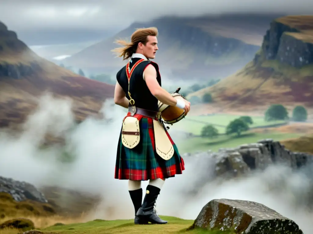 Danza Escocesa de las Tierras Altas: Fuerza y Tradición Un bailarín de Highland Dance ejecuta el Tambor Mayor con pasión y precisión en medio de la belleza agreste de Escocia