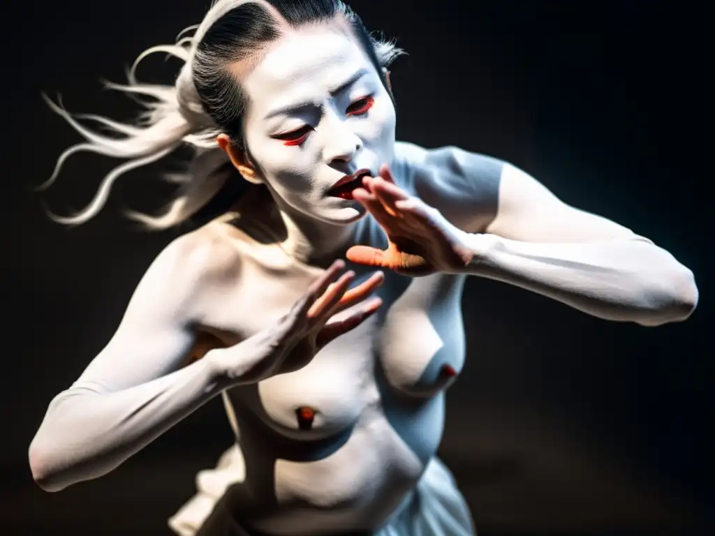 Un bailarín de Butoh en movimiento, su cuerpo contorsionado cubierto de pintura blanca, expresando intensas emociones