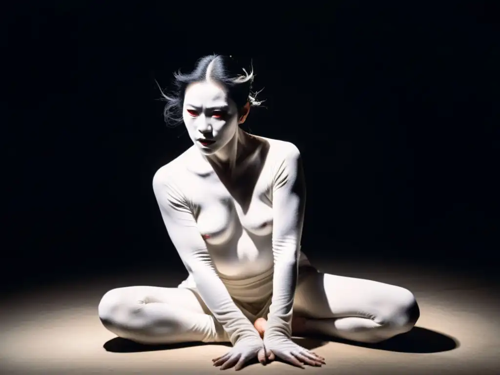 Un bailarín de Butoh en movimiento lento, con pintura blanca y una expresión solemne