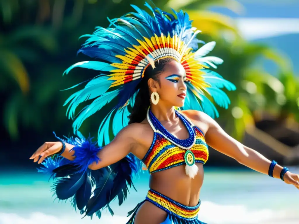 Un bailarín nauruano ejecuta una danza tradicional, con trajes vibrantes y expresión concentrada, frente al mar