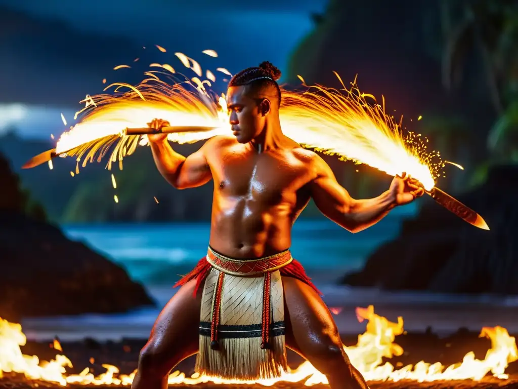 Un bailarín de Siva Afi en pleno espectáculo, con expresión intensa y detalles del traje, mientras las llamas iluminan la escena