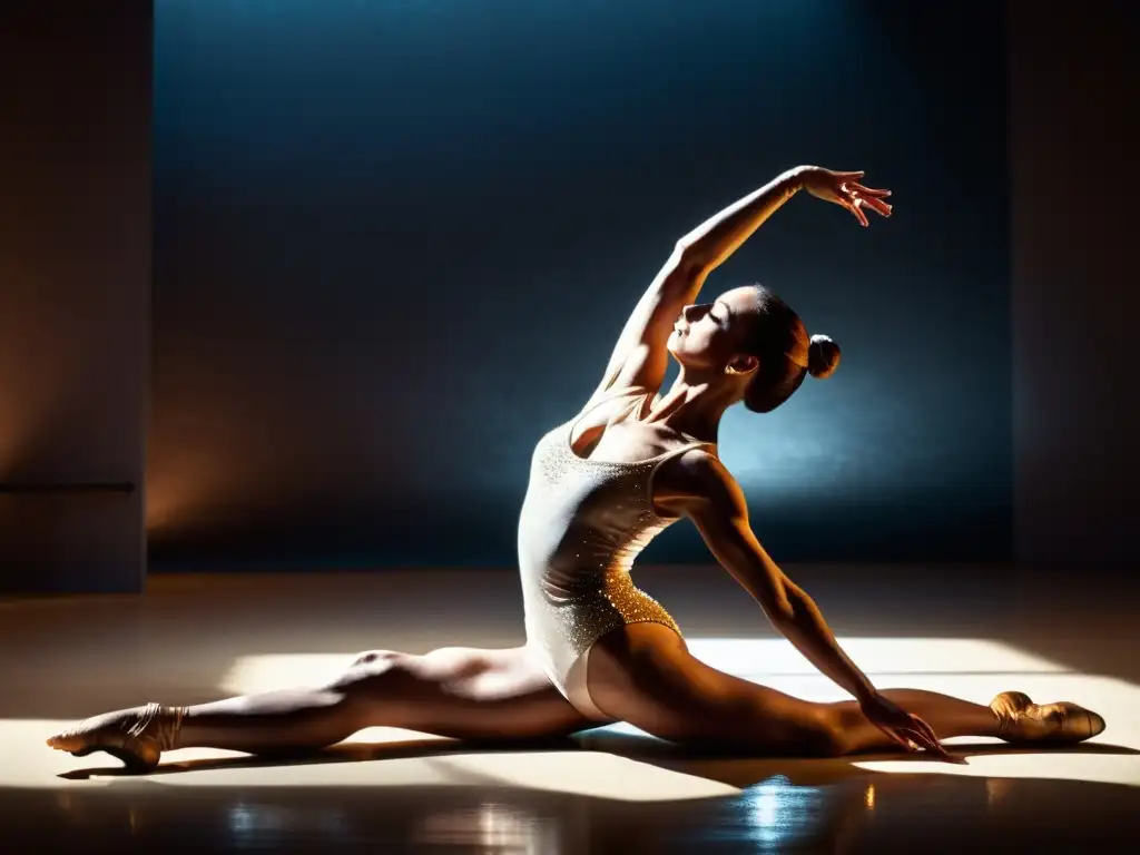 'Un bailarín profesional ejecuta un arabesque perfecto en un estudio de danza, destacando la nutrición y flexibilidad en danza tradicional