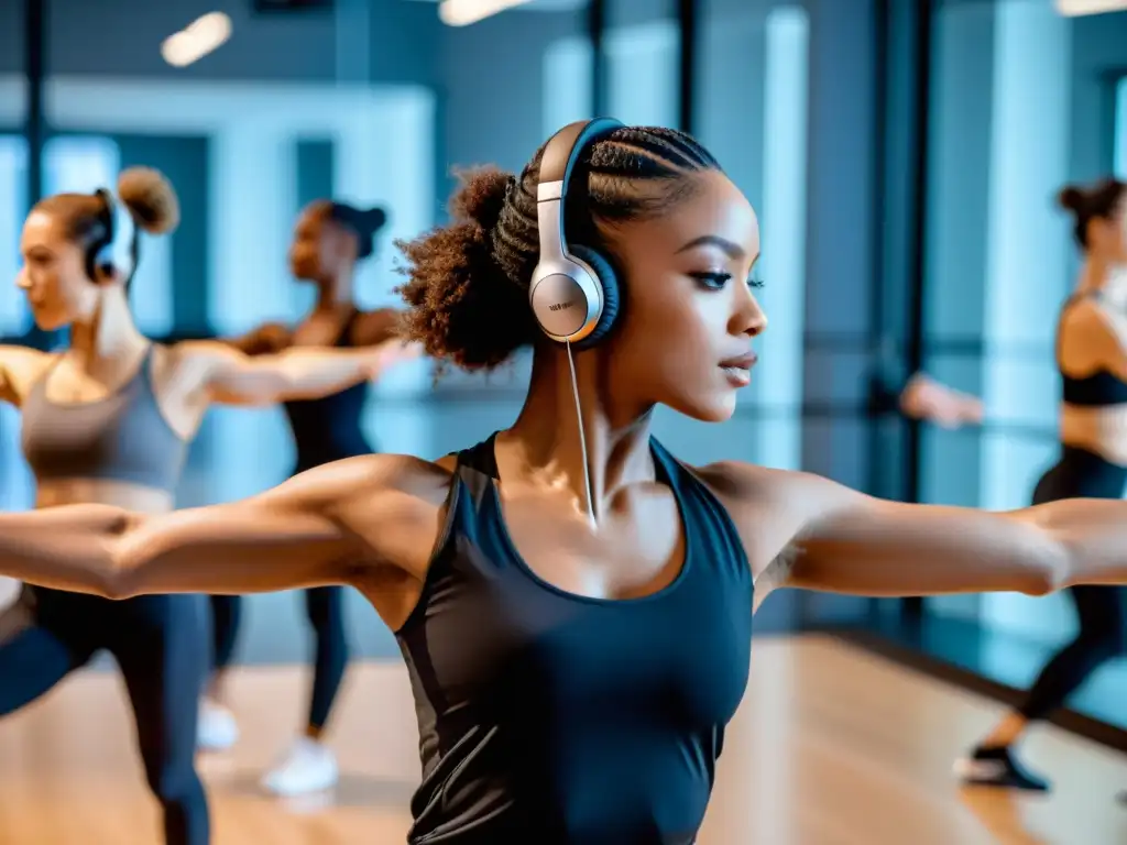 Un bailarín profesional se concentra en una clase de danza transmitida en una tableta, en un estudio de danza luminoso y moderno