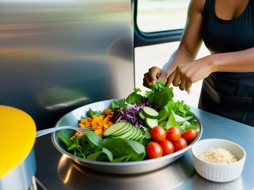 Un bailarín profesional prepara con cuidado una ensalada vibrante en la cocina de un autobús turístico, destacando la planificación de comidas para giras