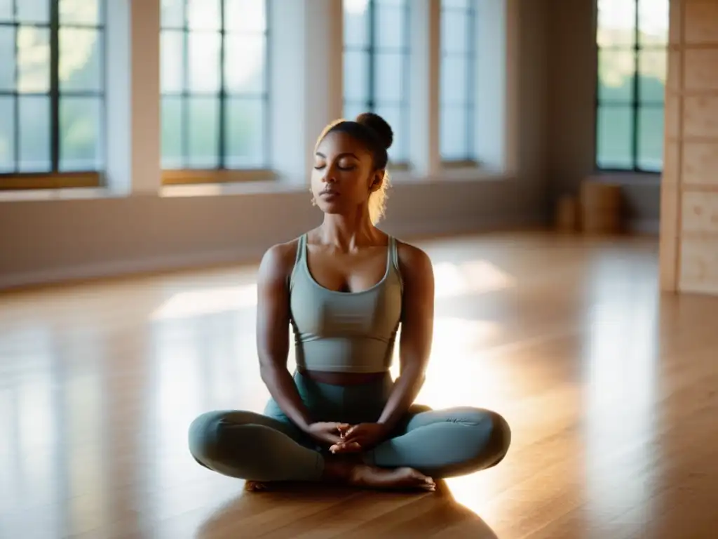 Un bailarín profesional en el estudio, con postura serena y rodeado de luz natural y alimentos para controlar ansiedad escénica