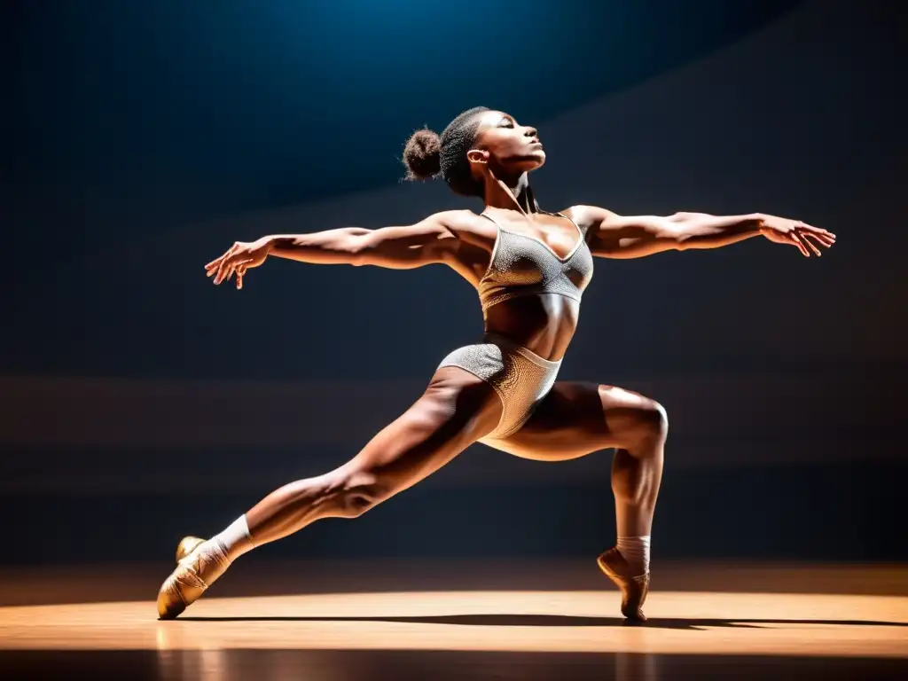 Un bailarín profesional ejecuta movimientos cardiovasculares dinámicos con pasión en el escenario