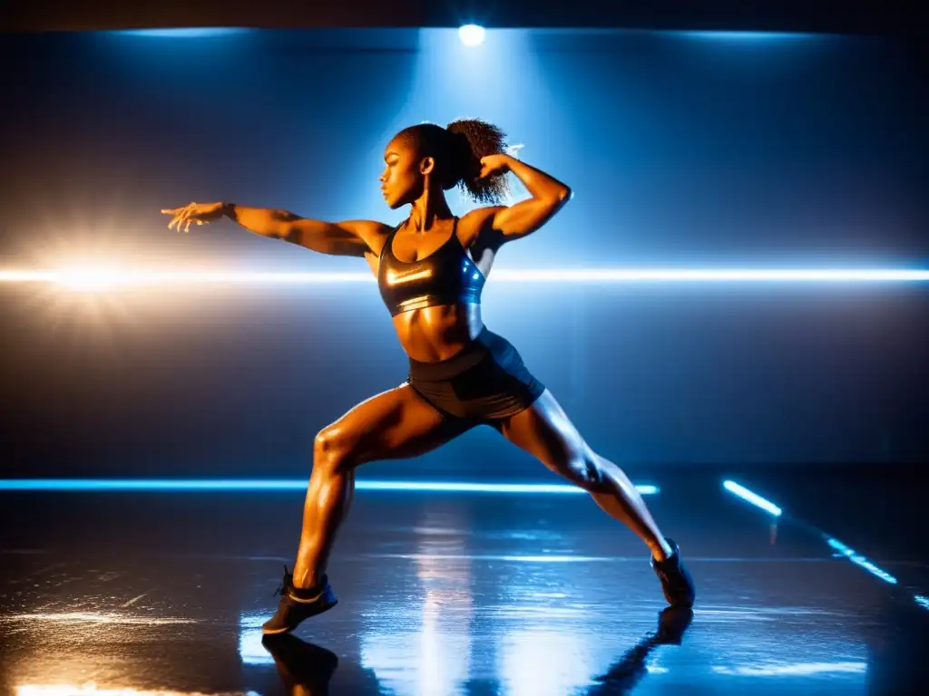 Un bailarín profesional ejecuta movimientos elegantes en un estudio tenue, con expresión intensa y líneas fluidas