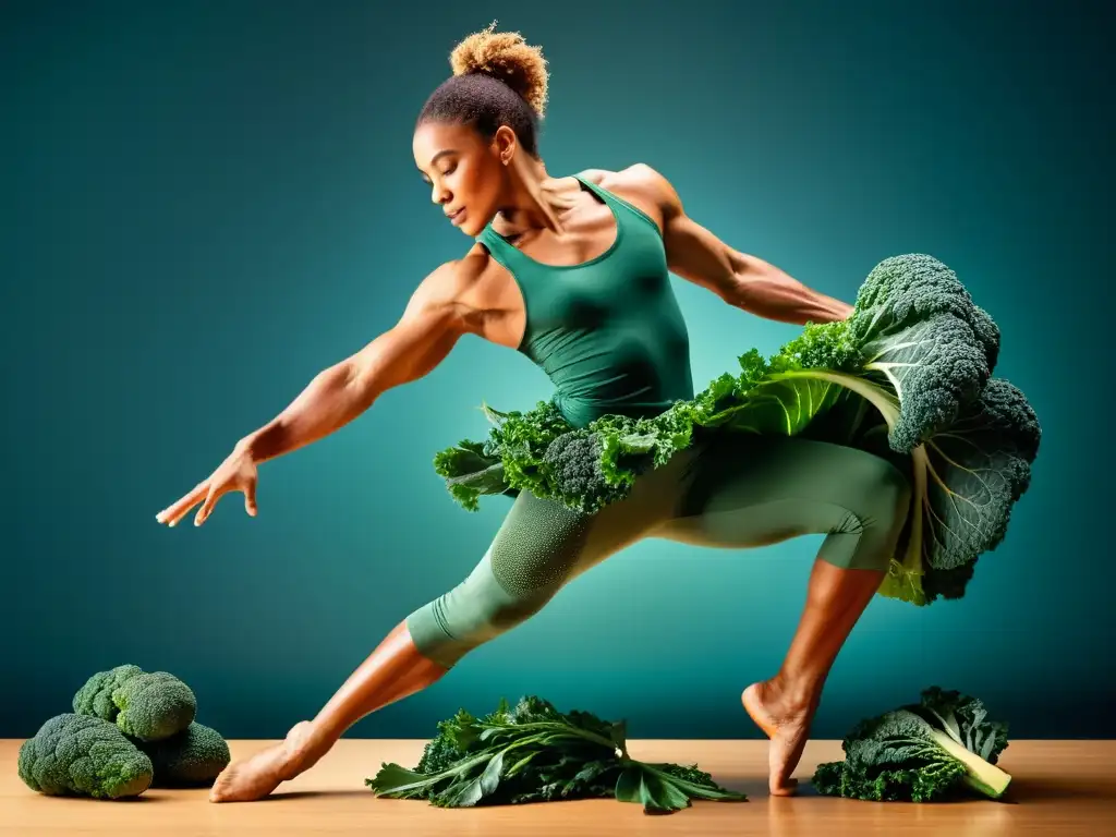 Un bailarín profesional en pleno salto, rodeado de superalimentos para energía en danza, muestra la vitalidad y fuerza del mundo de la danza